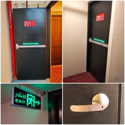 multiple images of fire exit doors installed at marriott islamabad