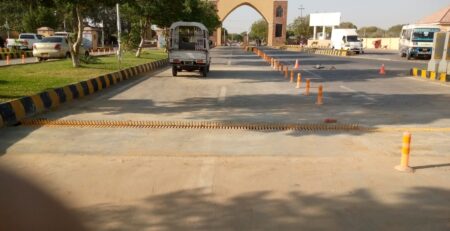 tyre busters installed to stop wrong side vehicles outside the university entrance