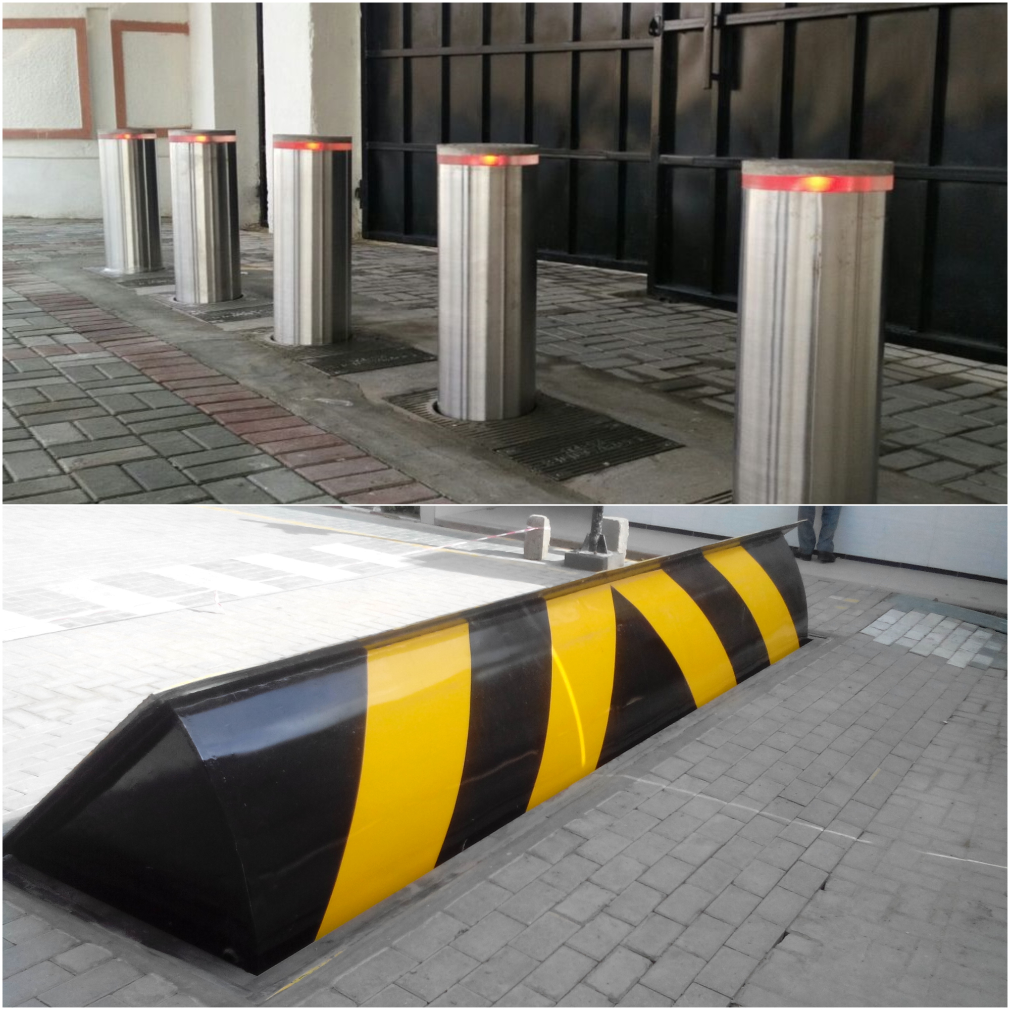 a road blocker and bollards picture in one frame